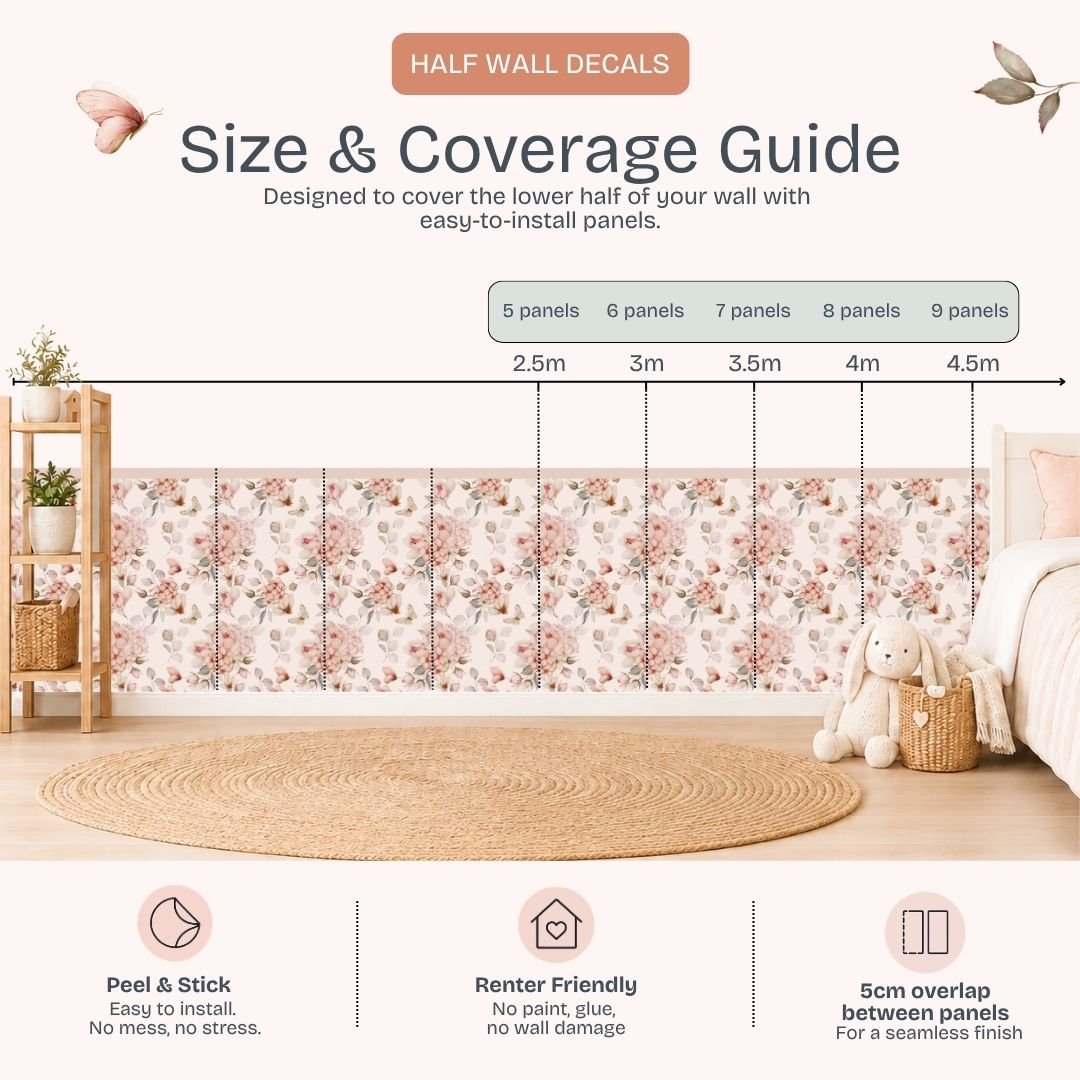 Rosy Blooms & Butterflies — Half Wall Decal (Home Decor Decals) — removable wall decal by Tiny Tale Prints.