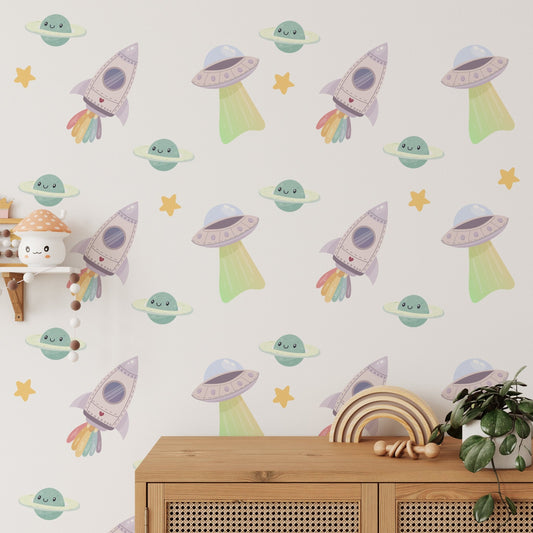 Small Spaceship Rocket Planets Stars (Home Decor Decals) — removable wall decal by Tiny Tale Prints