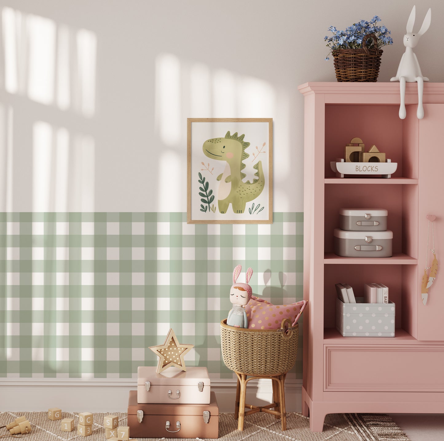 Soft Gingham Green — Half Wall Decal