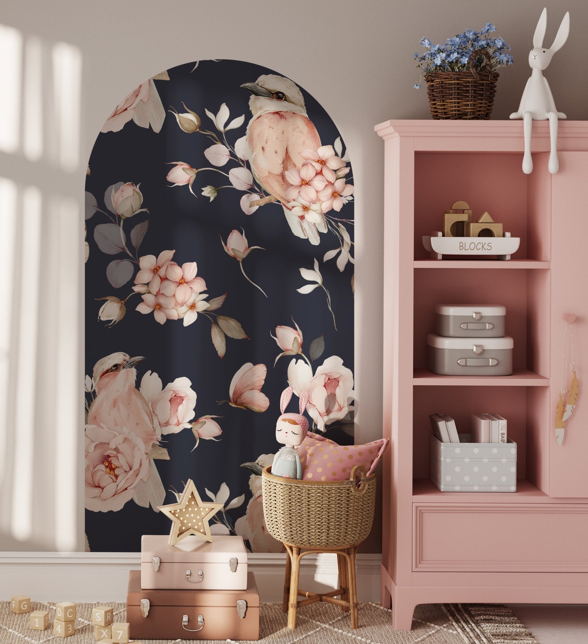 Arch Black Pink Bird Floral Flower - Arch (Arch Wall Decal) — removable wall decal by Tiny Tale Prints