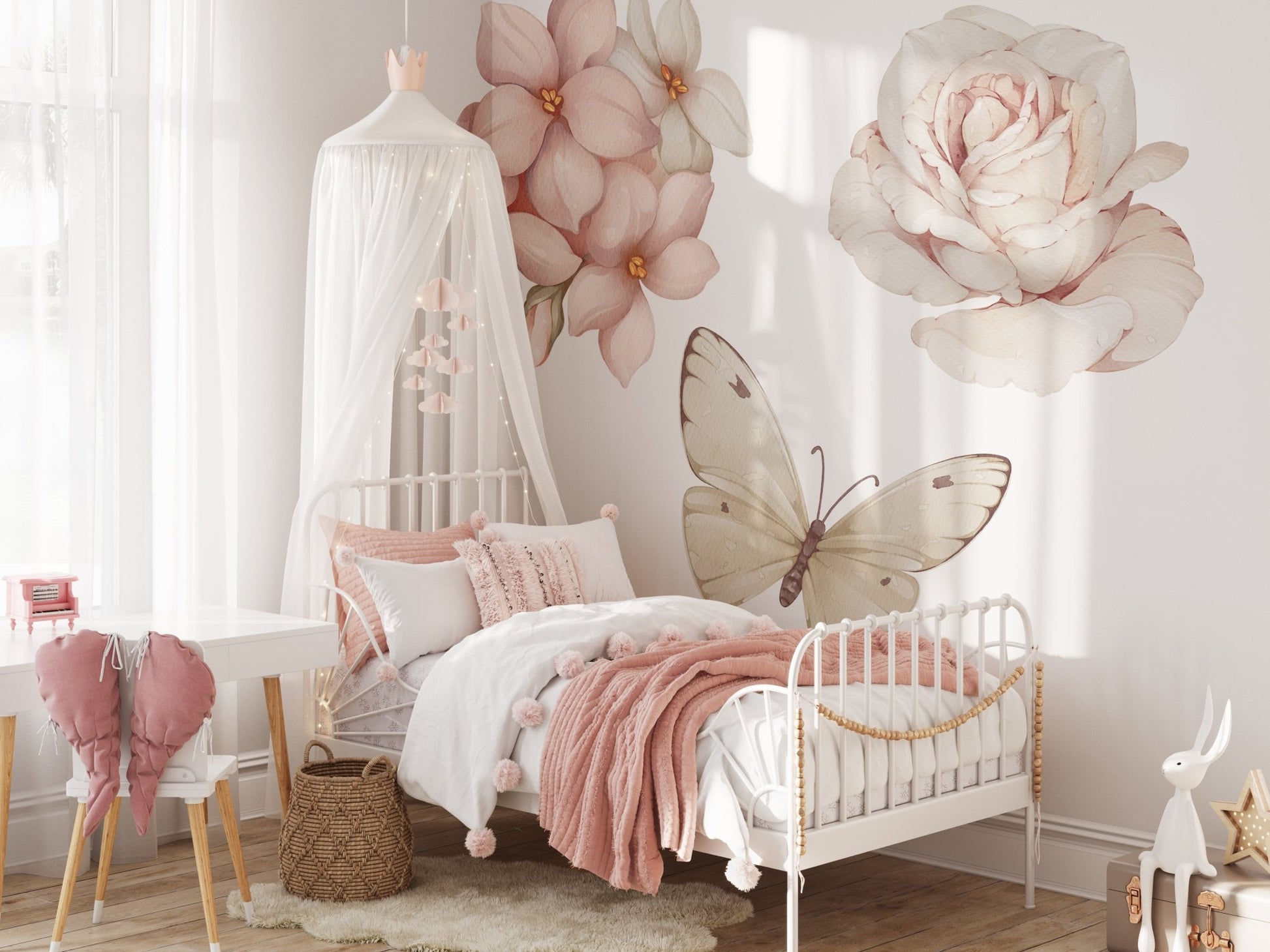 Big Pink Floral Butterfly – Wall Decal (Home Decor Decals) — removable wall decal by Tiny Tale Prints