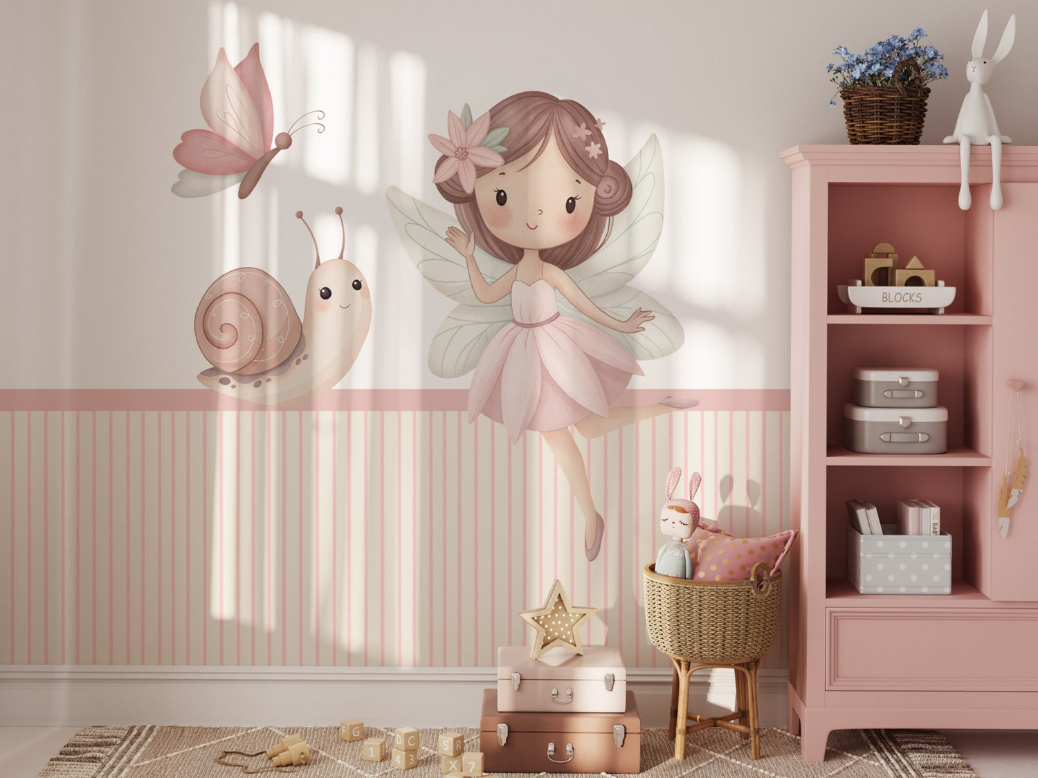 Fairy, snail and butterfly wall decal in a pink girls' bedroom with stripe wallpaper — Tiny Tale Prints