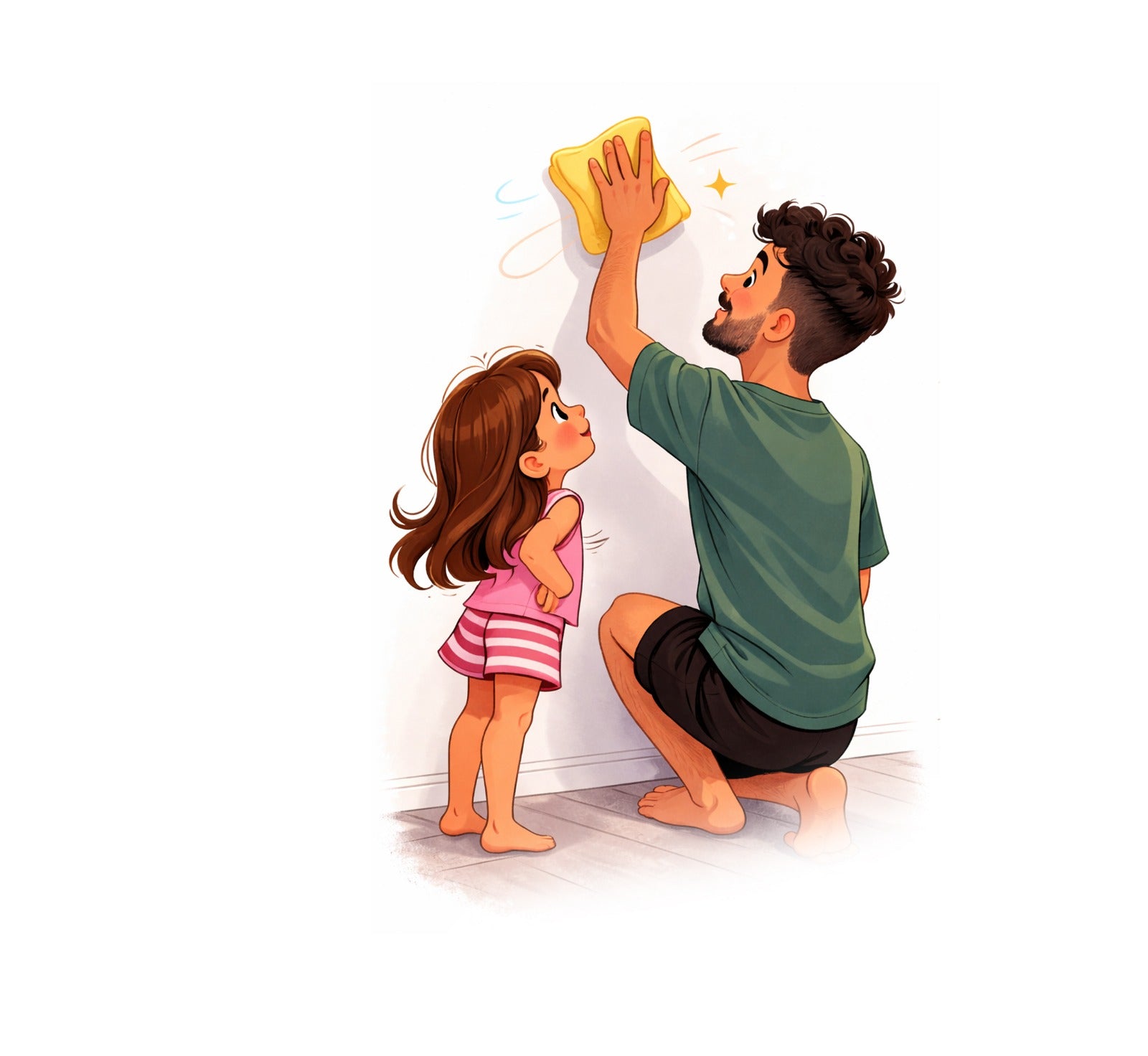 Dad scrubbing wall with sponge and bucket to prepare surface for wall decal — Tiny Tale Prints installation guide