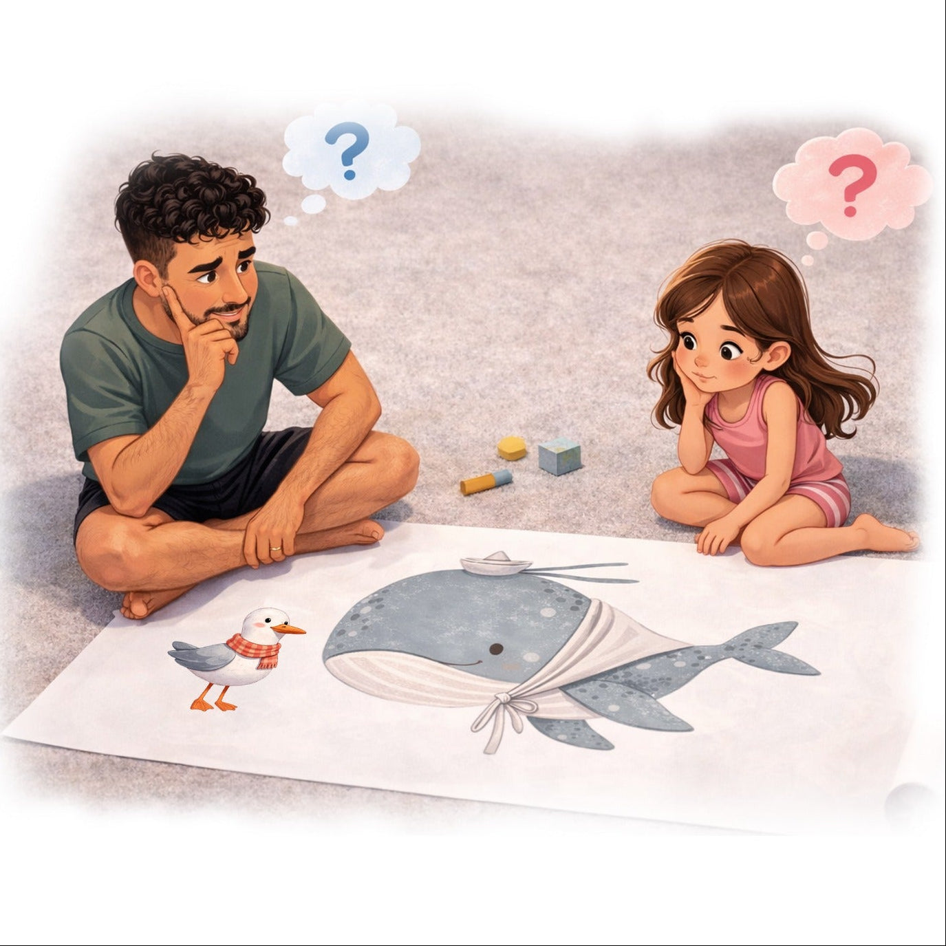 Dad and daughter planning where to place whale wall decal on floor — Tiny Tale Prints