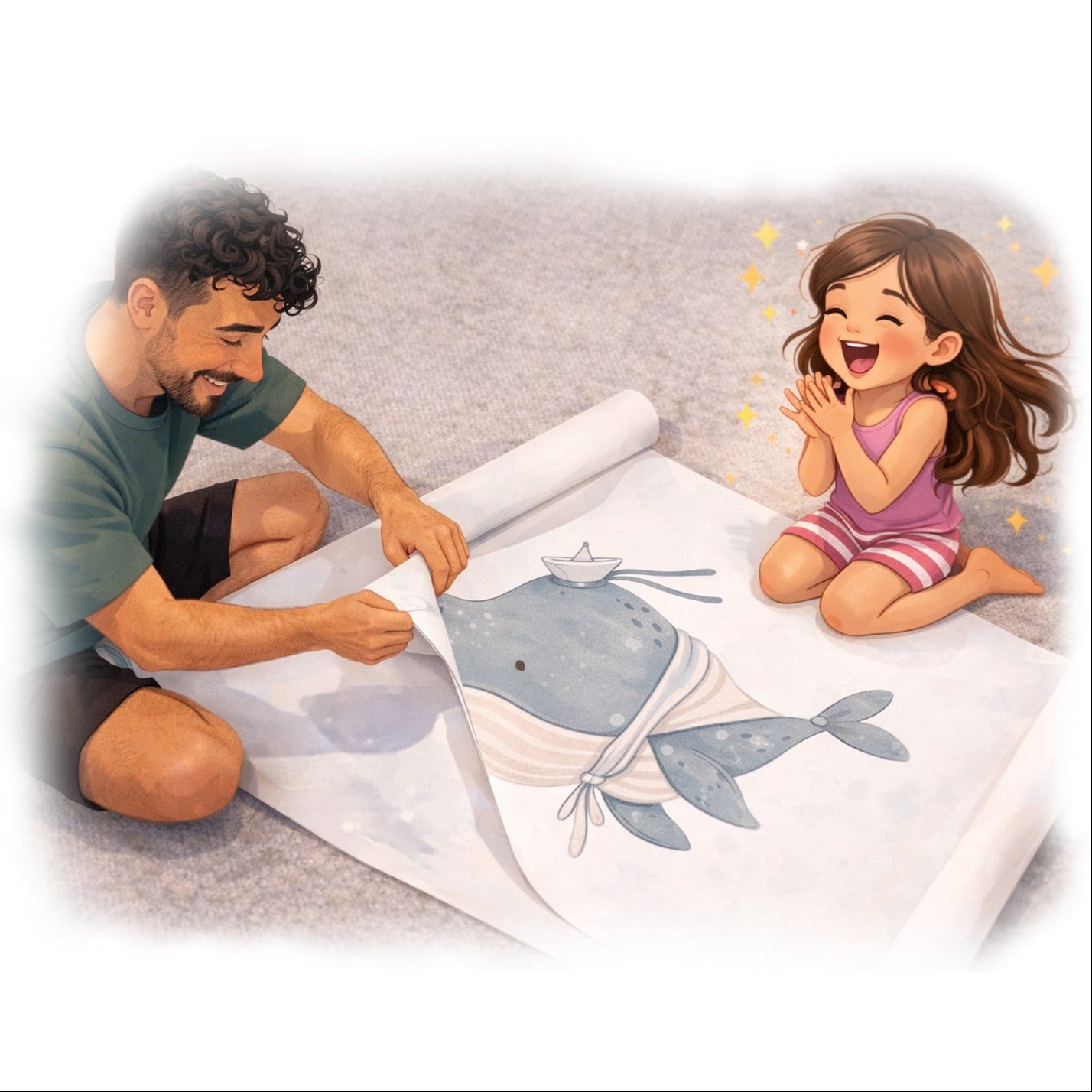 Dad unrolling whale wall decal on floor while excited daughter watches — Tiny Tale Prints installation