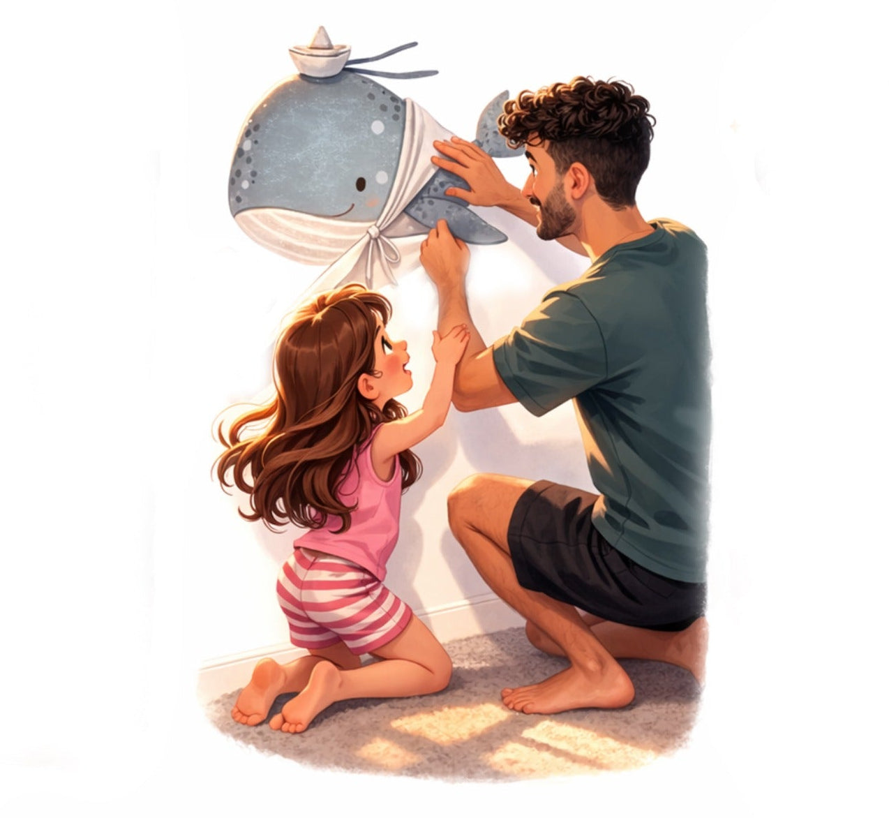 Dad and daughter applying whale wall decal to wall together — Tiny Tale Prints easy installation