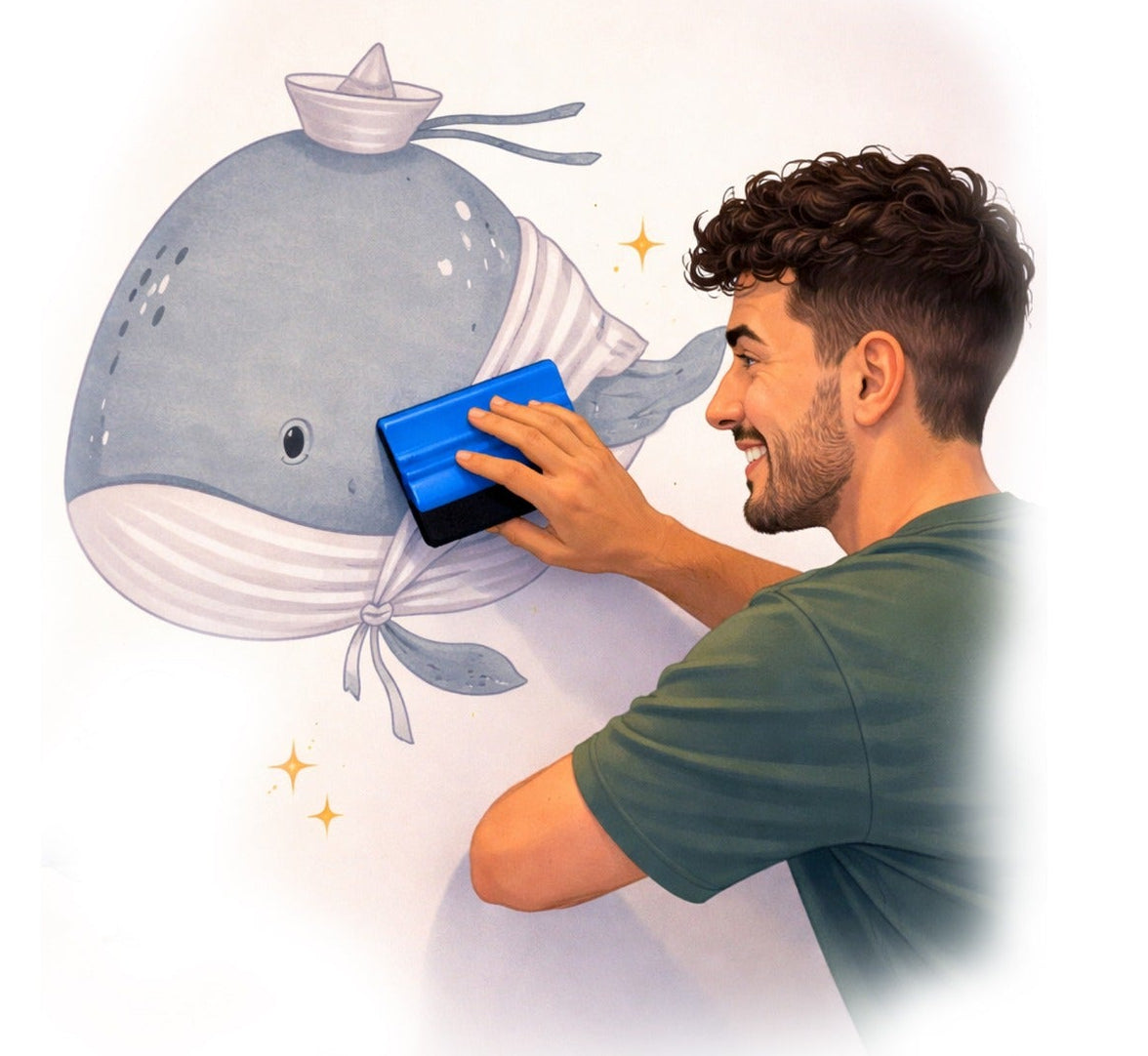 Man smoothing whale wall decal with squeegee tool for bubble-free application — Tiny Tale Prints