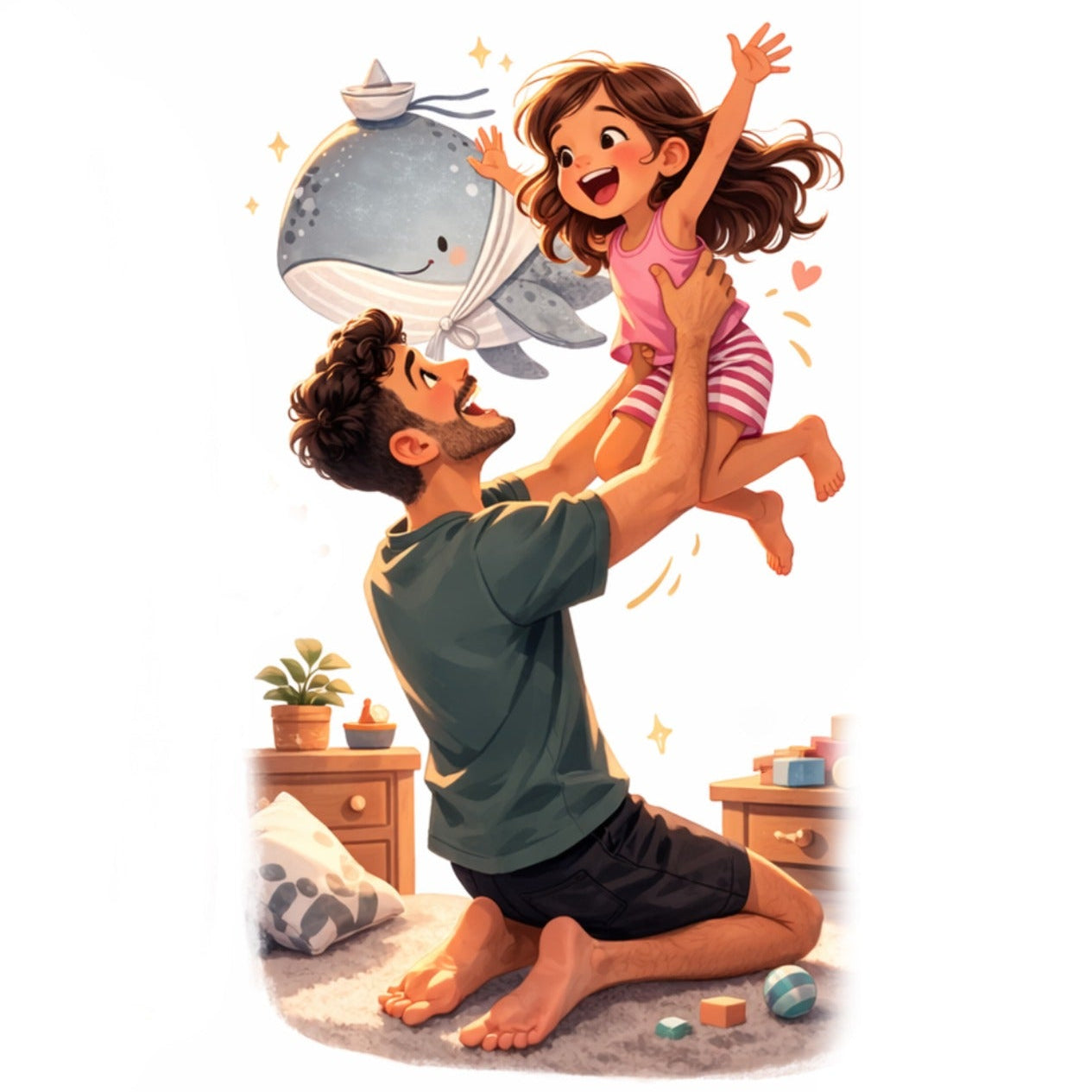 Dad lifting daughter up joyfully with whale wall decal in background — Tiny Tale Prints