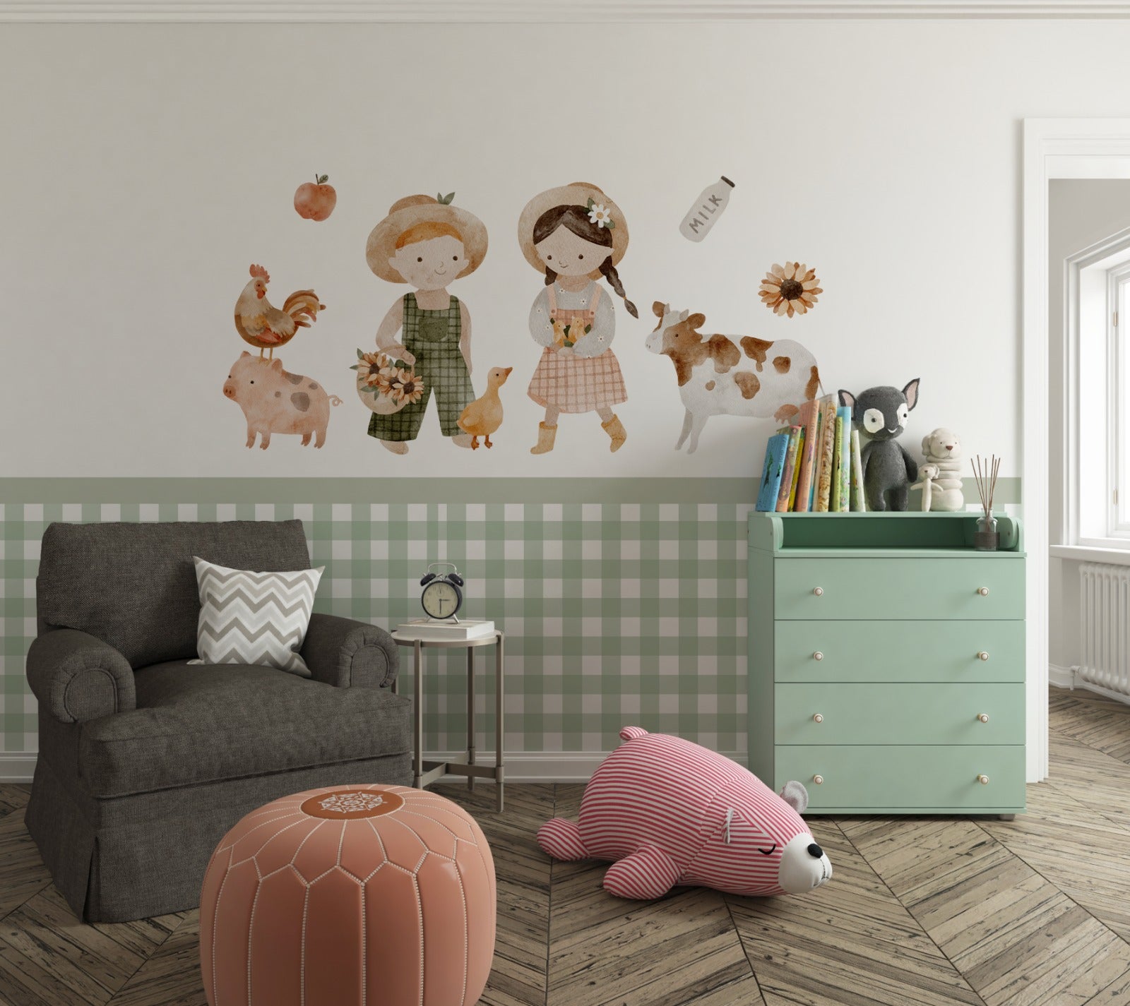 Little Farmers wall decal with farm animals in a kids' room with green gingham wallpaper — Tiny Tale Prints