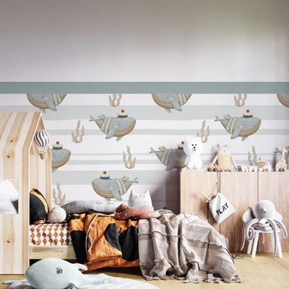 Ocean Hush Whale — Half Wall Decal (Home Decor Decals) — removable wall decal by Tiny Tale Prints.