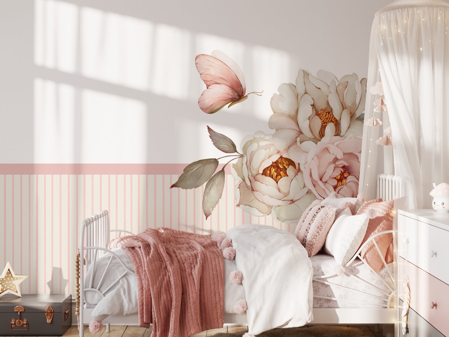 Peony and butterfly half-wall decal in a styled girls' bedroom with pink stripe wallpaper — Tiny Tale Prints