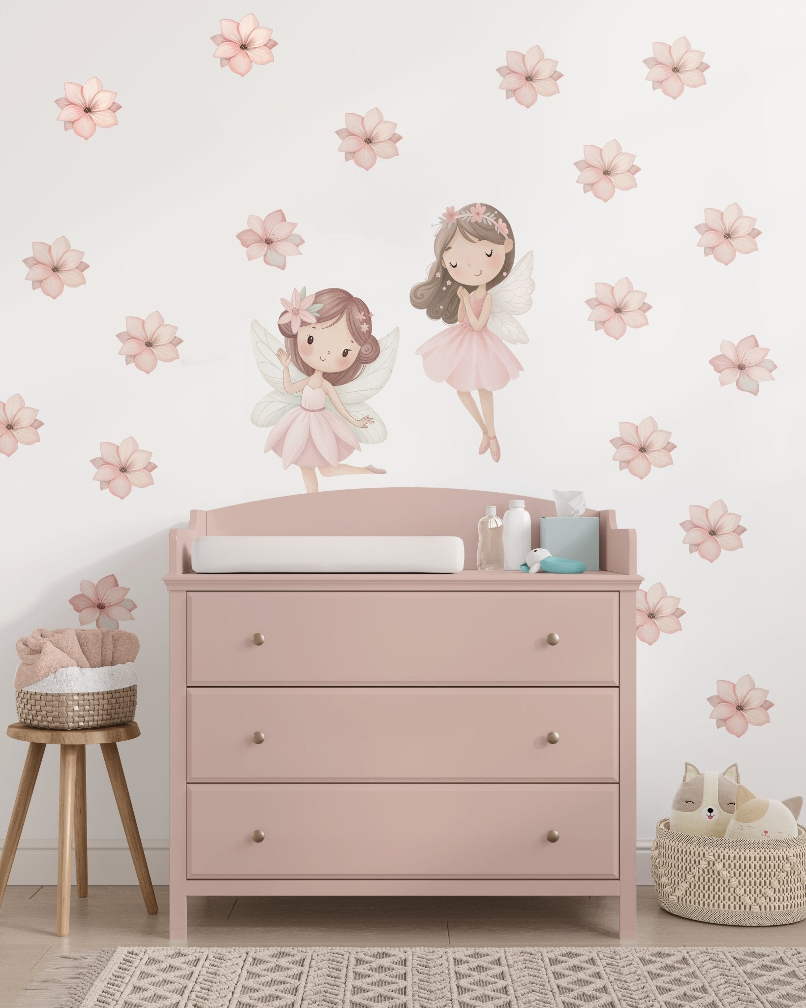 Pink Petal Fairy Friends — Wall Decal (Home Decor Decals) — removable wall decal by Tiny Tale Prints