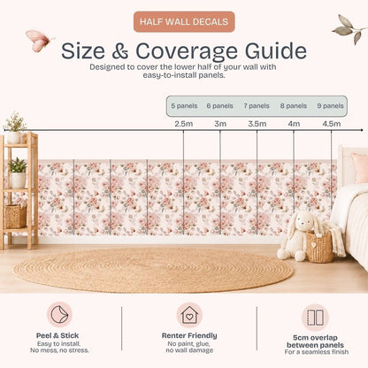 Rosy Blooms & Butterflies — Half Wall Decal (Home Decor Decals) — removable wall decal by Tiny Tale Prints.