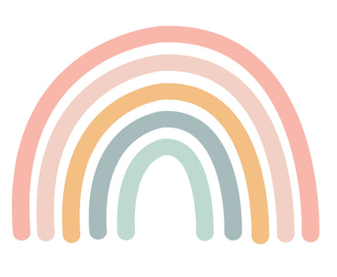 Large pastel rainbow wall decal behind a kids' study desk with wooden bookshelf — Tiny Tale Prints